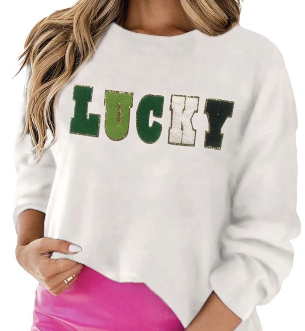Lucky Glitter Letter Pullover Crewneck Sweater Women’s L